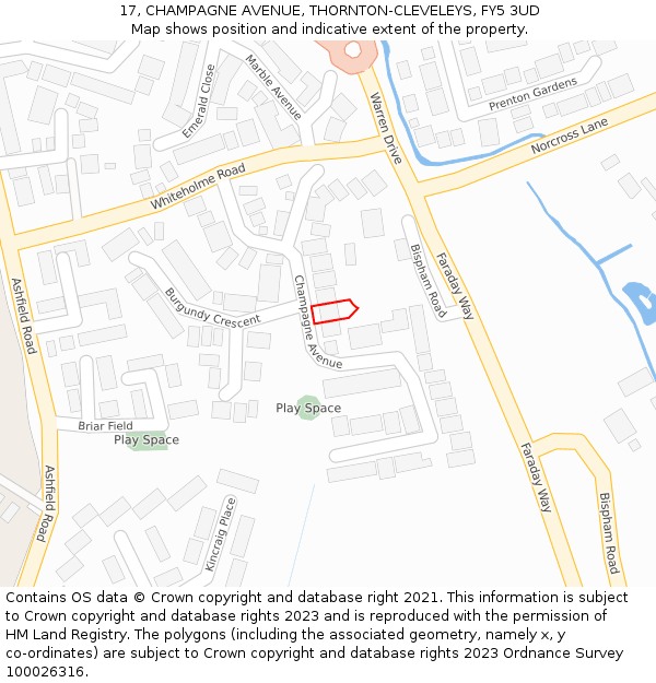 17, CHAMPAGNE AVENUE, THORNTON-CLEVELEYS, FY5 3UD: Location map and indicative extent of plot