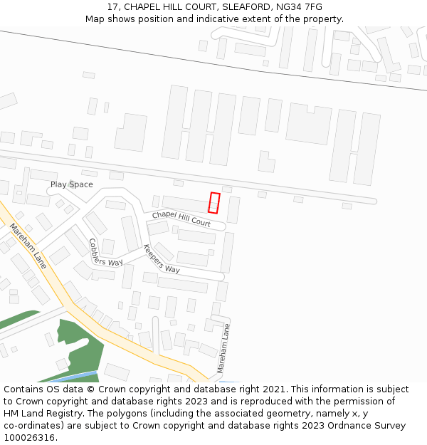 17, CHAPEL HILL COURT, SLEAFORD, NG34 7FG: Location map and indicative extent of plot