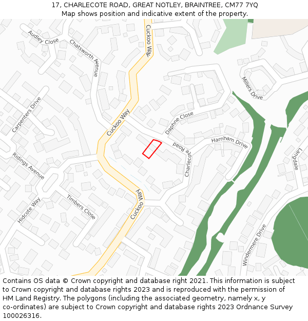 17, CHARLECOTE ROAD, GREAT NOTLEY, BRAINTREE, CM77 7YQ: Location map and indicative extent of plot