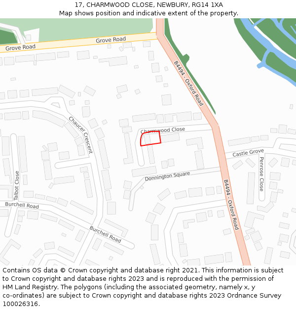 17, CHARMWOOD CLOSE, NEWBURY, RG14 1XA: Location map and indicative extent of plot