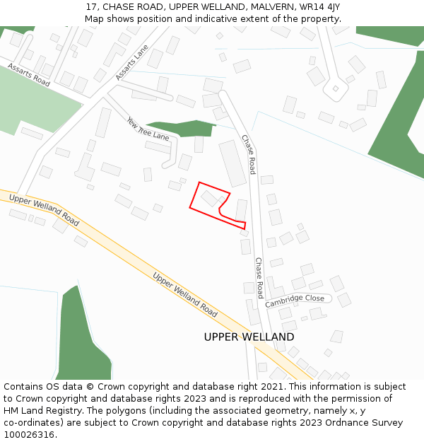 17, CHASE ROAD, UPPER WELLAND, MALVERN, WR14 4JY: Location map and indicative extent of plot