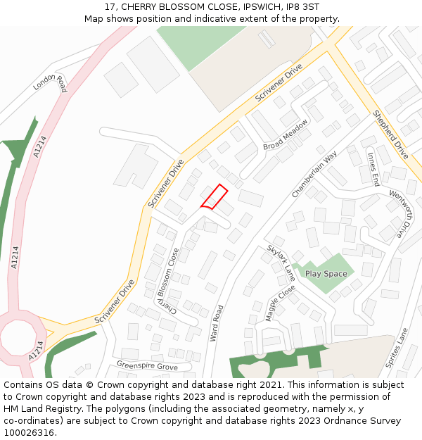 17, CHERRY BLOSSOM CLOSE, IPSWICH, IP8 3ST: Location map and indicative extent of plot