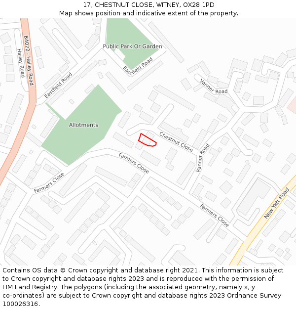 17, CHESTNUT CLOSE, WITNEY, OX28 1PD: Location map and indicative extent of plot