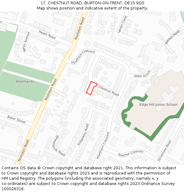 17, CHESTNUT ROAD, BURTON-ON-TRENT, DE15 9QS: Location map and indicative extent of plot