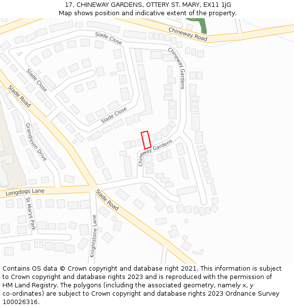 17, CHINEWAY GARDENS, OTTERY ST. MARY, EX11 1JG: Location map and indicative extent of plot