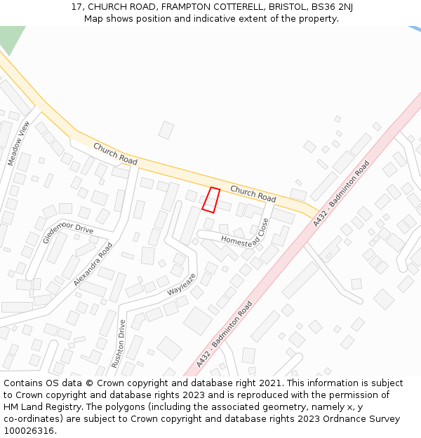 17, CHURCH ROAD, FRAMPTON COTTERELL, BRISTOL, BS36 2NJ: Location map and indicative extent of plot