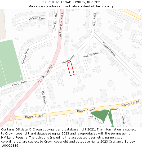 17, CHURCH ROAD, HORLEY, RH6 7EY: Location map and indicative extent of plot