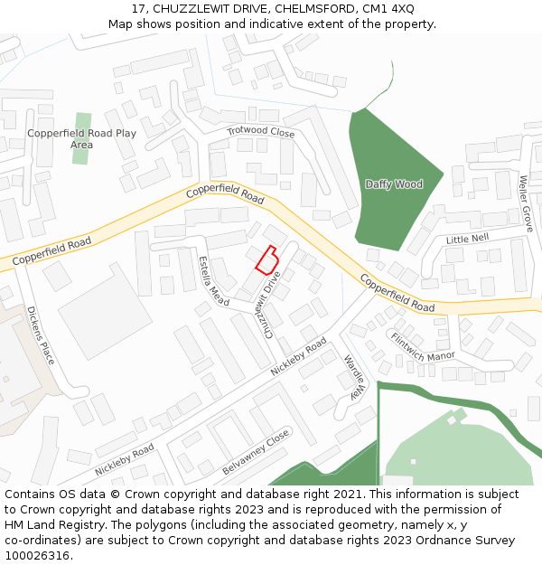 17, CHUZZLEWIT DRIVE, CHELMSFORD, CM1 4XQ: Location map and indicative extent of plot