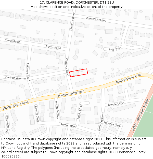 17, CLARENCE ROAD, DORCHESTER, DT1 2EU: Location map and indicative extent of plot