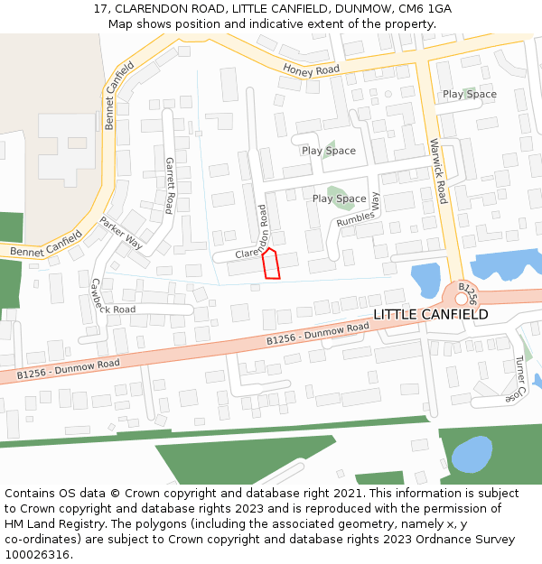 17, CLARENDON ROAD, LITTLE CANFIELD, DUNMOW, CM6 1GA: Location map and indicative extent of plot