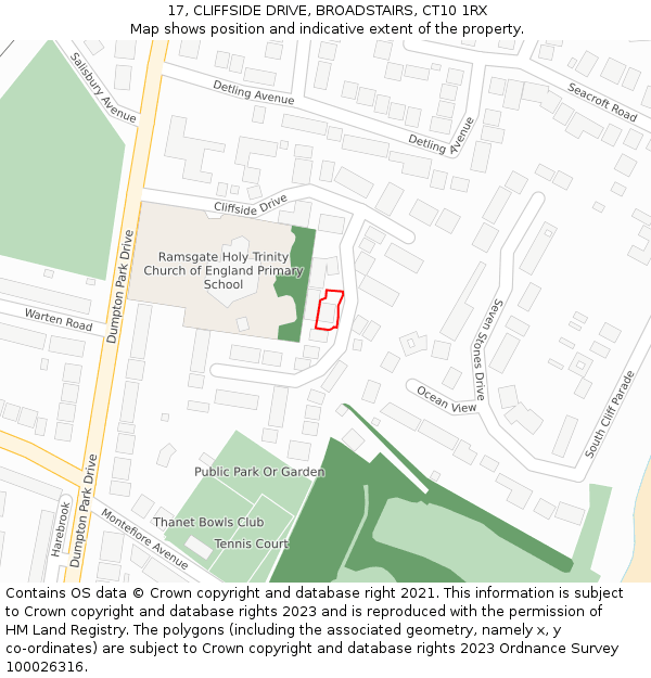 17, CLIFFSIDE DRIVE, BROADSTAIRS, CT10 1RX: Location map and indicative extent of plot