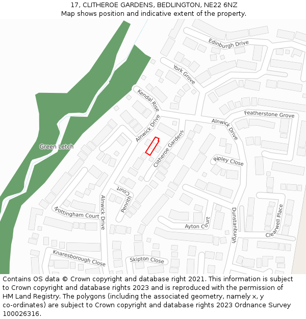 17, CLITHEROE GARDENS, BEDLINGTON, NE22 6NZ: Location map and indicative extent of plot