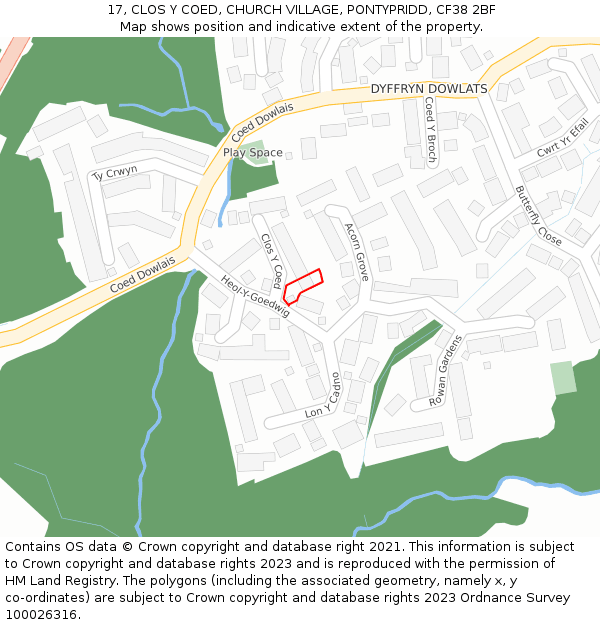 17, CLOS Y COED, CHURCH VILLAGE, PONTYPRIDD, CF38 2BF: Location map and indicative extent of plot