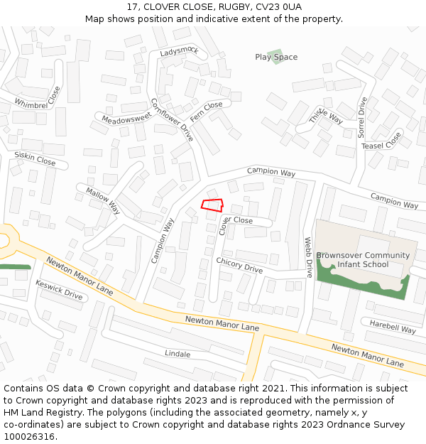 17, CLOVER CLOSE, RUGBY, CV23 0UA: Location map and indicative extent of plot