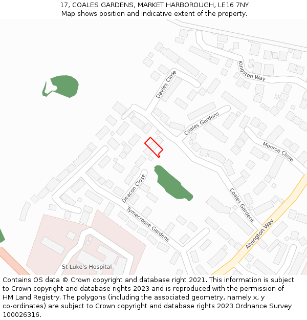 17, COALES GARDENS, MARKET HARBOROUGH, LE16 7NY: Location map and indicative extent of plot