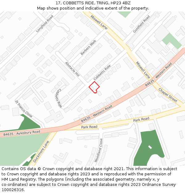 17, COBBETTS RIDE, TRING, HP23 4BZ: Location map and indicative extent of plot