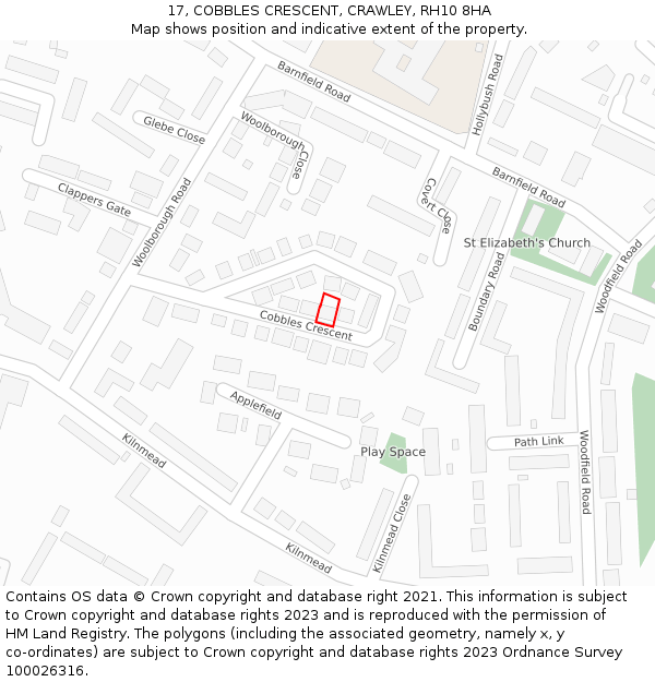 17, COBBLES CRESCENT, CRAWLEY, RH10 8HA: Location map and indicative extent of plot