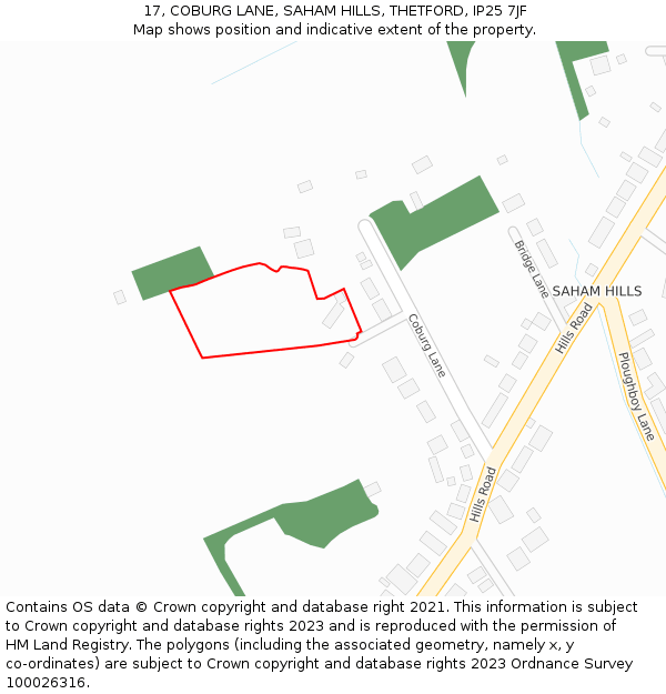 17, COBURG LANE, SAHAM HILLS, THETFORD, IP25 7JF: Location map and indicative extent of plot
