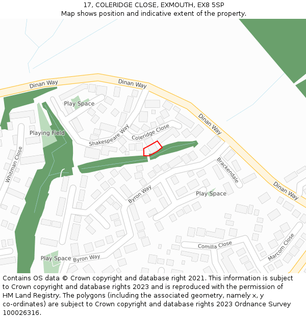 17, COLERIDGE CLOSE, EXMOUTH, EX8 5SP: Location map and indicative extent of plot