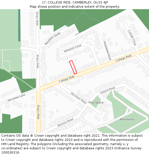 17, COLLEGE RIDE, CAMBERLEY, GU15 4JP: Location map and indicative extent of plot