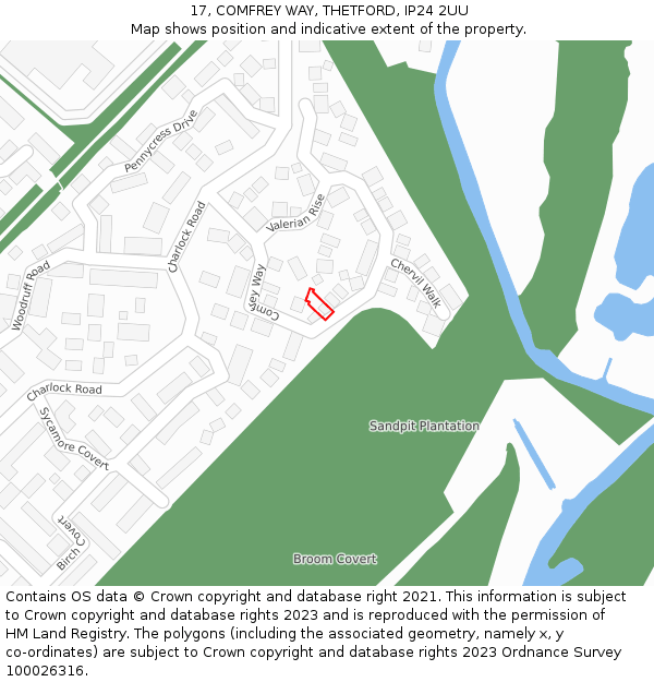 17, COMFREY WAY, THETFORD, IP24 2UU: Location map and indicative extent of plot