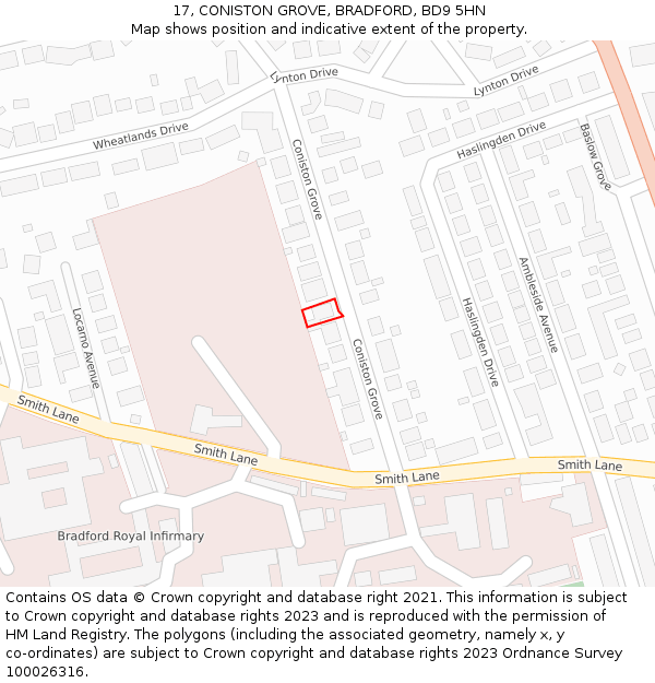 17, CONISTON GROVE, BRADFORD, BD9 5HN: Location map and indicative extent of plot