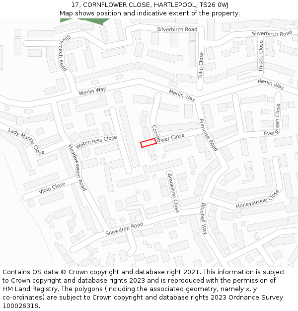 17, CORNFLOWER CLOSE, HARTLEPOOL, TS26 0WJ: Location map and indicative extent of plot