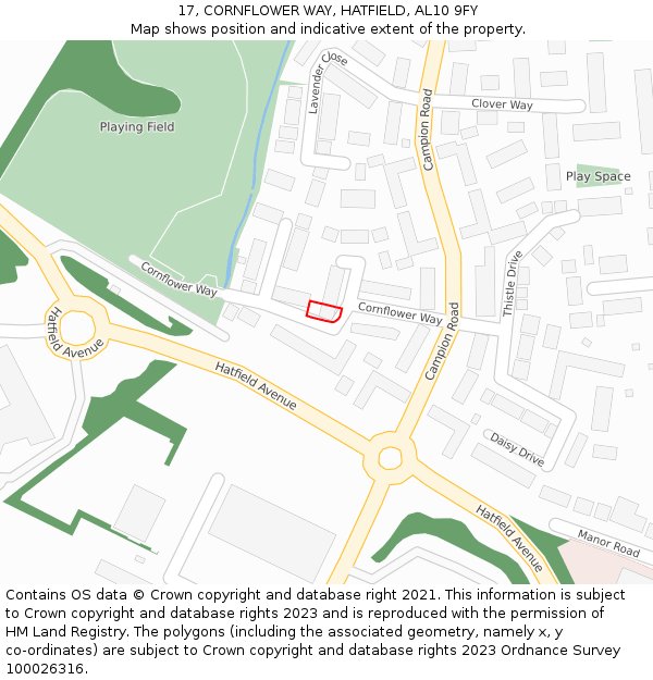 17, CORNFLOWER WAY, HATFIELD, AL10 9FY: Location map and indicative extent of plot