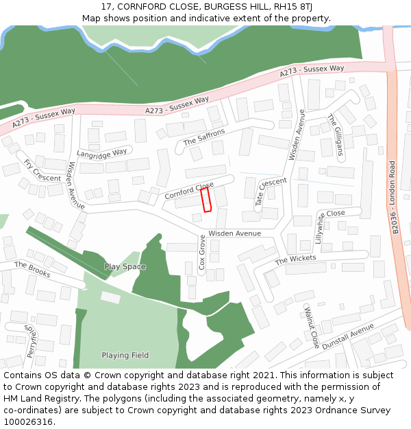 17, CORNFORD CLOSE, BURGESS HILL, RH15 8TJ: Location map and indicative extent of plot