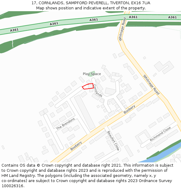 17, CORNLANDS, SAMPFORD PEVERELL, TIVERTON, EX16 7UA: Location map and indicative extent of plot