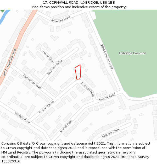 17, CORNWALL ROAD, UXBRIDGE, UB8 1BB: Location map and indicative extent of plot