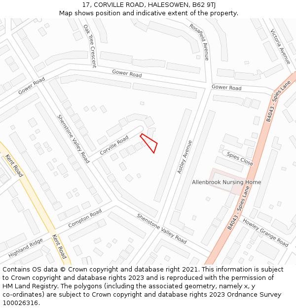 17, CORVILLE ROAD, HALESOWEN, B62 9TJ: Location map and indicative extent of plot