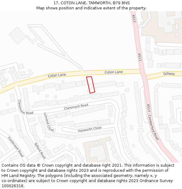 17, COTON LANE, TAMWORTH, B79 8NS: Location map and indicative extent of plot