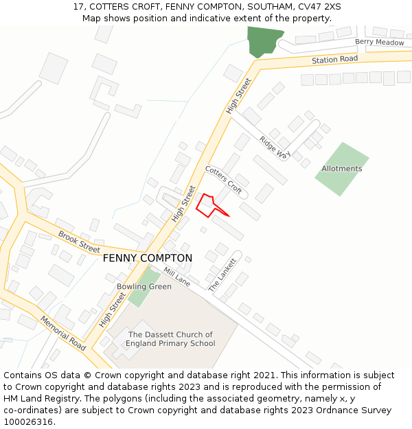 17, COTTERS CROFT, FENNY COMPTON, SOUTHAM, CV47 2XS: Location map and indicative extent of plot