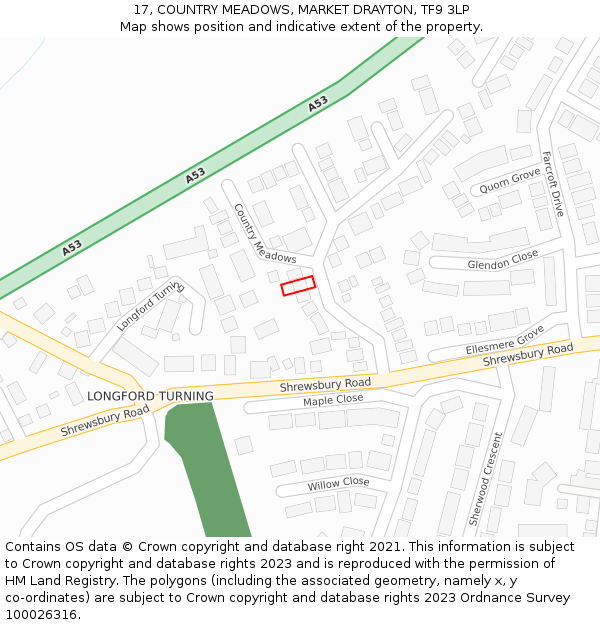 17, COUNTRY MEADOWS, MARKET DRAYTON, TF9 3LP: Location map and indicative extent of plot