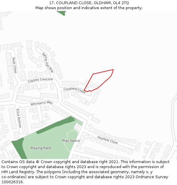 17, COUPLAND CLOSE, OLDHAM, OL4 2TQ: Location map and indicative extent of plot