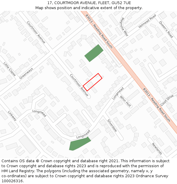17, COURTMOOR AVENUE, FLEET, GU52 7UE: Location map and indicative extent of plot
