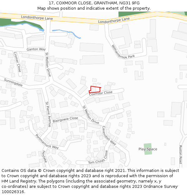 17, COXMOOR CLOSE, GRANTHAM, NG31 9FG: Location map and indicative extent of plot