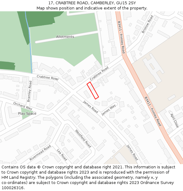 17, CRABTREE ROAD, CAMBERLEY, GU15 2SY: Location map and indicative extent of plot