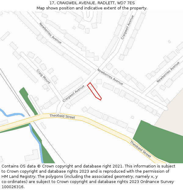 17, CRAIGWEIL AVENUE, RADLETT, WD7 7ES: Location map and indicative extent of plot