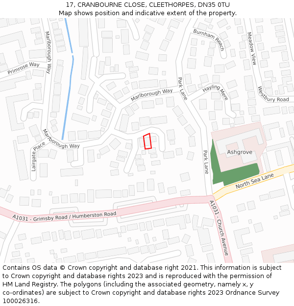 17, CRANBOURNE CLOSE, CLEETHORPES, DN35 0TU: Location map and indicative extent of plot