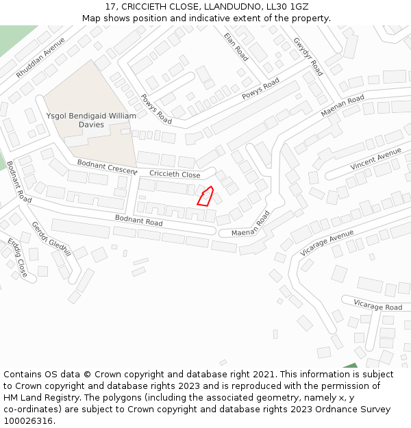 17, CRICCIETH CLOSE, LLANDUDNO, LL30 1GZ: Location map and indicative extent of plot