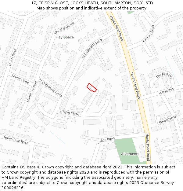 17, CRISPIN CLOSE, LOCKS HEATH, SOUTHAMPTON, SO31 6TD: Location map and indicative extent of plot