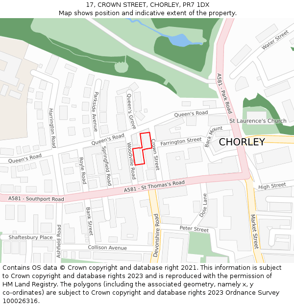 17, CROWN STREET, CHORLEY, PR7 1DX: Location map and indicative extent of plot