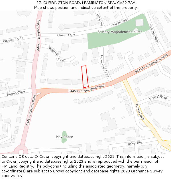 17, CUBBINGTON ROAD, LEAMINGTON SPA, CV32 7AA: Location map and indicative extent of plot