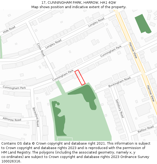 17, CUNNINGHAM PARK, HARROW, HA1 4QW: Location map and indicative extent of plot