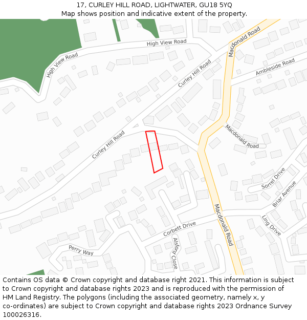 17, CURLEY HILL ROAD, LIGHTWATER, GU18 5YQ: Location map and indicative extent of plot