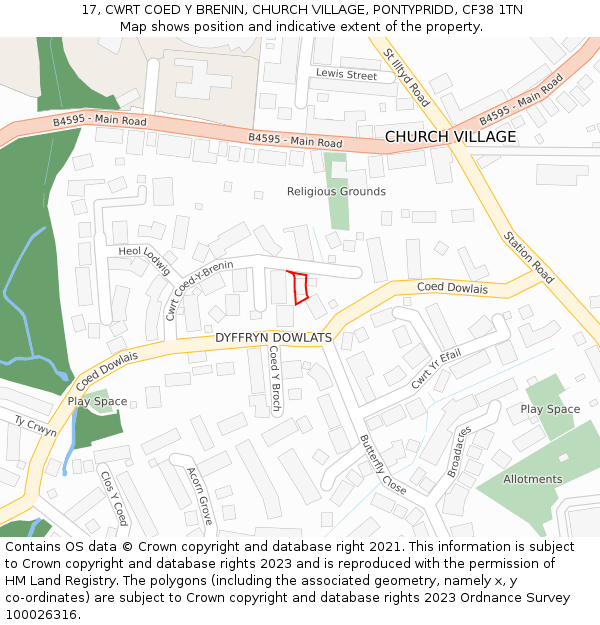 17, CWRT COED Y BRENIN, CHURCH VILLAGE, PONTYPRIDD, CF38 1TN: Location map and indicative extent of plot