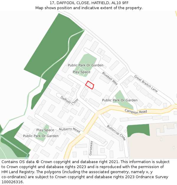 17, DAFFODIL CLOSE, HATFIELD, AL10 9FF: Location map and indicative extent of plot