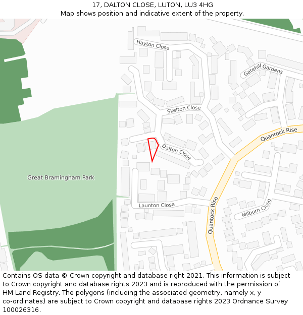 17, DALTON CLOSE, LUTON, LU3 4HG: Location map and indicative extent of plot